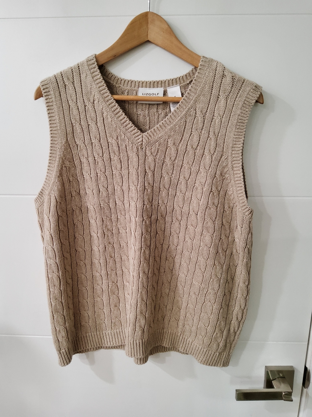 LizGolf Vintage Beige Cable Knit V-Neck Sweater Vest